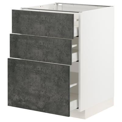 METOD kitchen unit, 3 grey drawers, modern dark & white design.