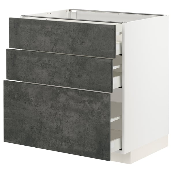 Modern kitchen cabinet, white & grey, three drawers, sleek design.