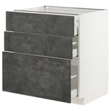 Modern kitchen cabinet, white & grey, three drawers, sleek design.