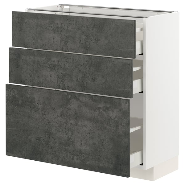 A modern, dark grey cabinet with three drawers, part of the METOD kitchen system. Its sleek and urban, with a smooth, concrete effect finish.