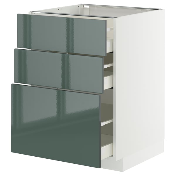 METOD kitchen unit in glossy grey-green with three drawers.