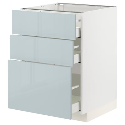 A METOD kitchen unit with three grey-blue high-gloss drawers. It’s modern, rectangular, and has a sleek design.