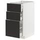 Modern white cabinet with three black drawers, sleek and minimalist design.
