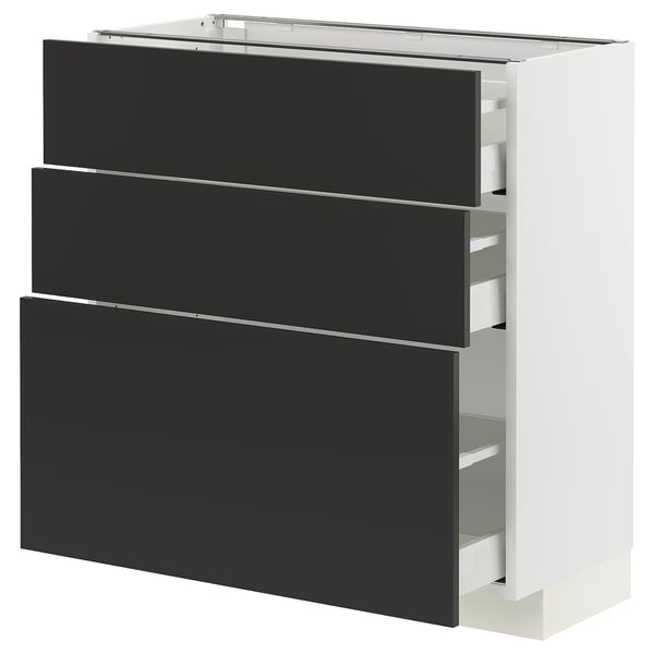 White METOD kitchen unit with 3 grey drawers, modern minimalist design.