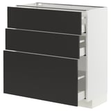 White METOD kitchen unit with 3 grey drawers, modern minimalist design.