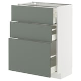 Modern kitchen unit in grey-green with three drawers, white frame, sleek design.