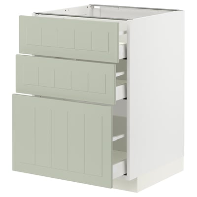 Modern kitchen unit with 3 green drawers. Sleek, rectangular design. Made from durable fiberboard and particleboard. Soft-close drawers.