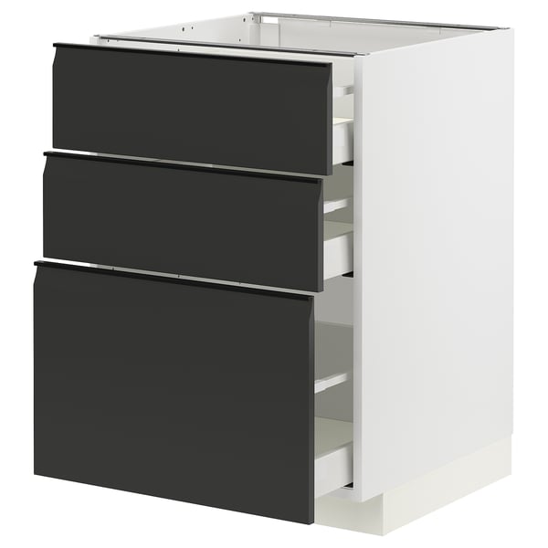 Modern black and white kitchen cabinet with three matte black drawers.