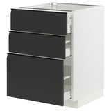 Modern black and white kitchen cabinet with three matte black drawers.
