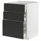 Modern black and white kitchen cabinet with three matte black drawers.
