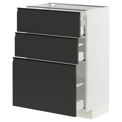 Modern METOD kitchen unit in white with black drawers, sleek and minimalist, three smooth drawers.