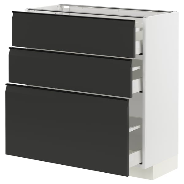 METOD kitchen unit: matte black drawers, integrated handles, white cabinet, 3 medium drawers.