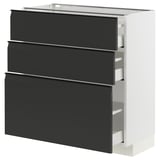 METOD kitchen unit: matte black drawers, integrated handles, white cabinet, 3 medium drawers.