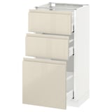 METOD kitchen unit with glossy beige drawers and white base, three drawer setup.