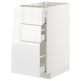 White high-gloss kitchen cabinet with three drawers and metal railings.