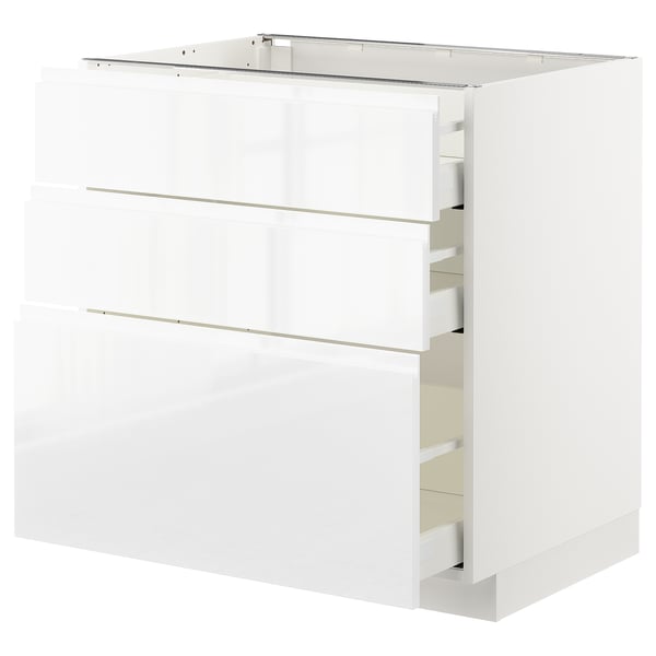 White METOD kitchen cabinet with three drawers, sleek modern design.