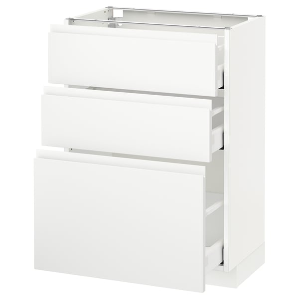White ikea METOD kitchen unit with three drawers and sleek handles.