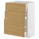 A white METOD kitchen cabinet with three oak-colored drawers. It a modern, minimalist design with integrated handles.