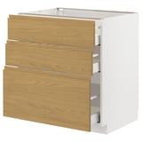 White kitchen cabinet with oak drawers, three drawer design.
