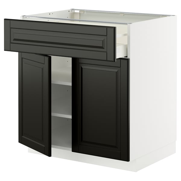 METOD kitchen unit, black cabinets, white top.