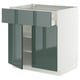 Modern kitchen cabinet in high-gloss grey-green with drawer and shelves.