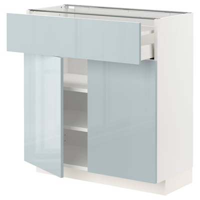 METOD kitchen unit in grey-blue with drawers and shelves.