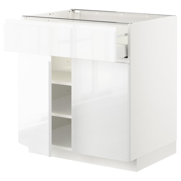 METOD kitchen unit, white, glossy finish, rectangular shape, two shelves, one drawer.