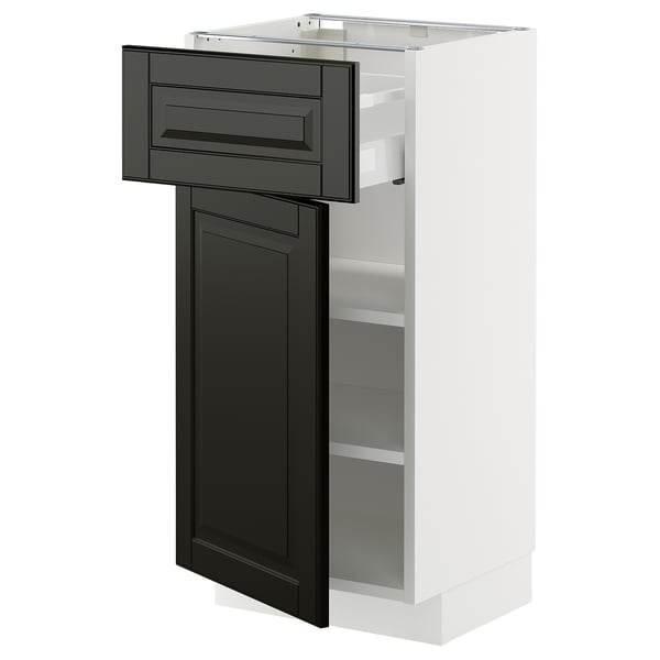 White METOD kitchen cabinet with black beveled edge drawers and door, adjustable shelves, right or left hinge option, modern sleek design.