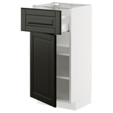 White METOD kitchen cabinet with black beveled edge drawers and door, adjustable shelves, right or left hinge option, modern sleek design.