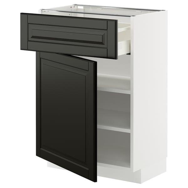 Modern kitchen unit: white base, black drawer & door. Pull-out drawer, sleek design.