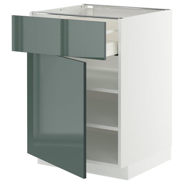 Modern METOD kitchen cabinet in high-gloss grey-green with adjustable shelves and a smooth-closing drawer.