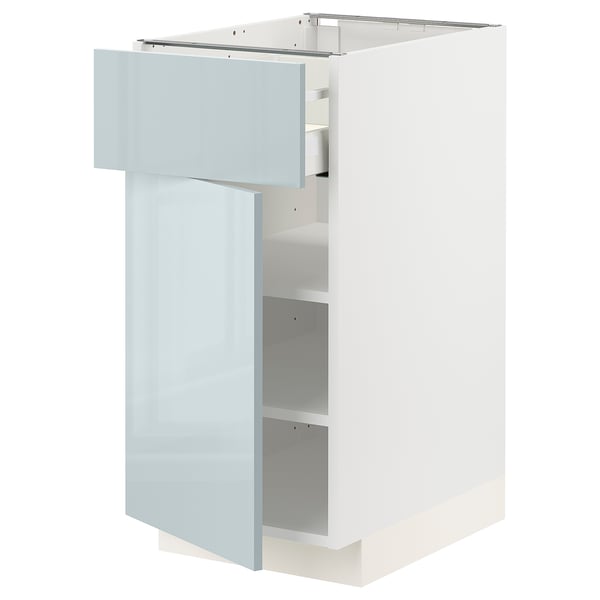 Ikea METOD high-gloss gray-blue kitchen cabinet with drawer, modern design.