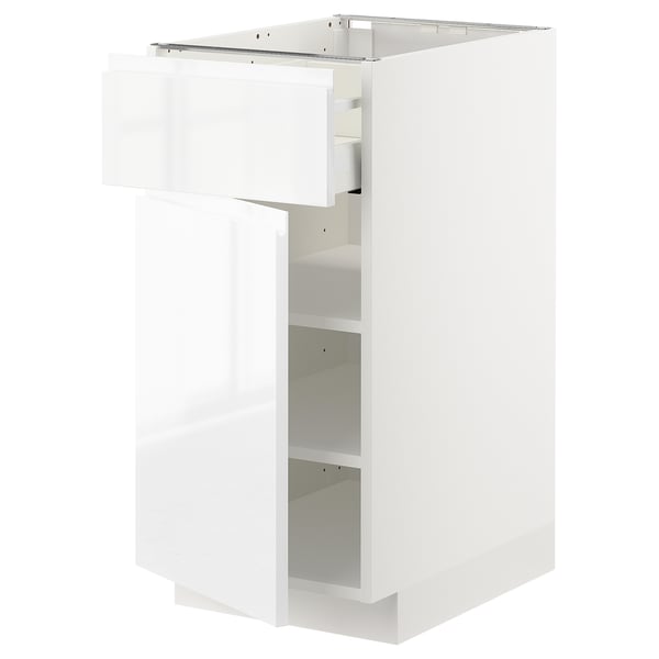 METOD white kitchen cabinet, glossy finish, square shape, with open door and shelves, sleek modern design.