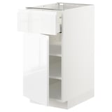 METOD white kitchen cabinet, glossy finish, square shape, with open door and shelves, sleek modern design.