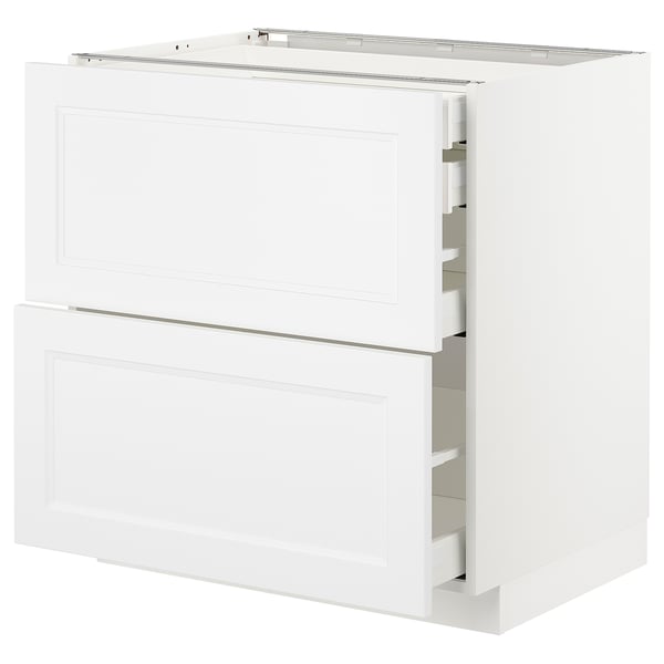 White ikea METOD kitchen cabinet with multiple drawers.