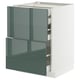 Modern kitchen cabinet with glossy grey-green doors featuring multiple drawers for organized storage.