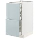 Modern white and light blue kitchen unit with three drawers.