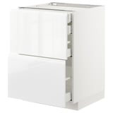 White modern kitchen cabinet with glossy finish and integrated handles, featuring multiple drawers and a sleek design.