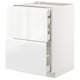 White modern kitchen cabinet with glossy finish and integrated handles, featuring multiple drawers and a sleek design.