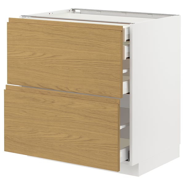 Modern kitchen cabinet with oak finish and three drawers, sleek design.