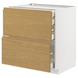 Modern kitchen cabinet with oak finish and three drawers, sleek design.