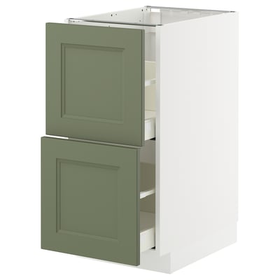 METOD kitchen unit, grey-green, square doors, white frame.