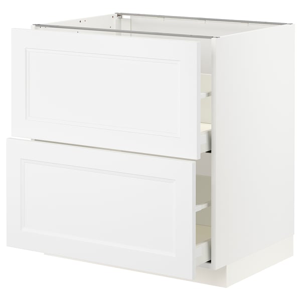 White METOD kitchen cabinet with two drawers and a shelf.