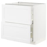 White METOD kitchen cabinet with two drawers and a shelf.
