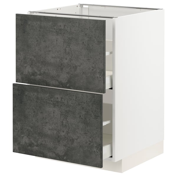A modern kitchen cabinet in white with dark grey concrete-style drawers, rectangular and sleek design.