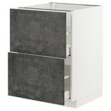 A modern kitchen cabinet in white with dark grey concrete-style drawers, rectangular and sleek design.