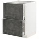 A modern kitchen cabinet in white with dark grey concrete-style drawers, rectangular and sleek design.