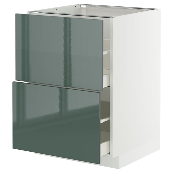 A modern kitchen cabinet from ikeas METOD system with kallarp high-gloss grey-green drawers.