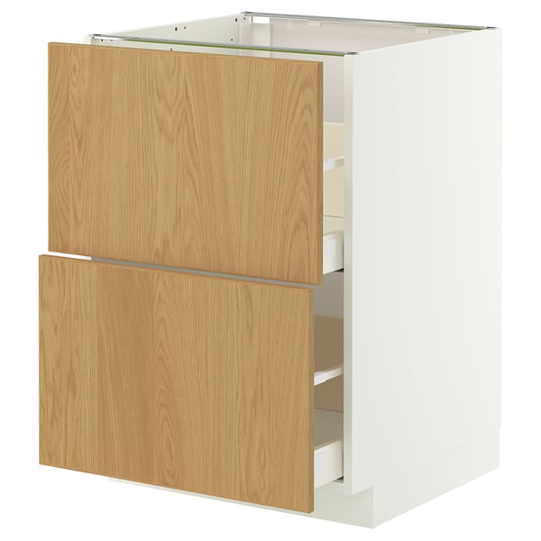 White and wooden kitchen cabinet with pull-out drawers. Aesthetic, modern, and functional design.