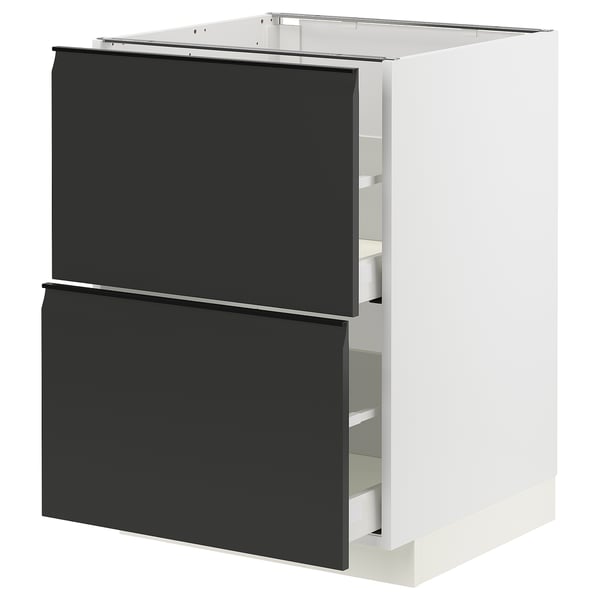 Modern black & white kitchen cabinet, sleek matte finish, two deep drawers, sturdy metal & particleboard construction.
